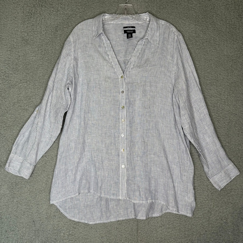 Jones & Co Jones New York 100% Linen Striped Button Down Shirt Blue White 1X